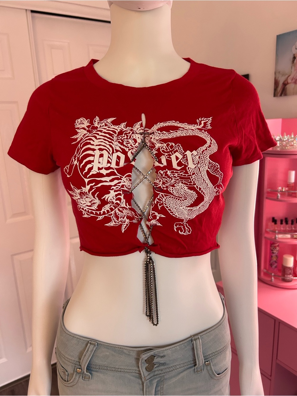 Occasion Red Lace-Up Dragon Graphic Crop Top